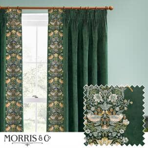 William Morris Curtains / Strawberry Thief Embroidery Forest Green