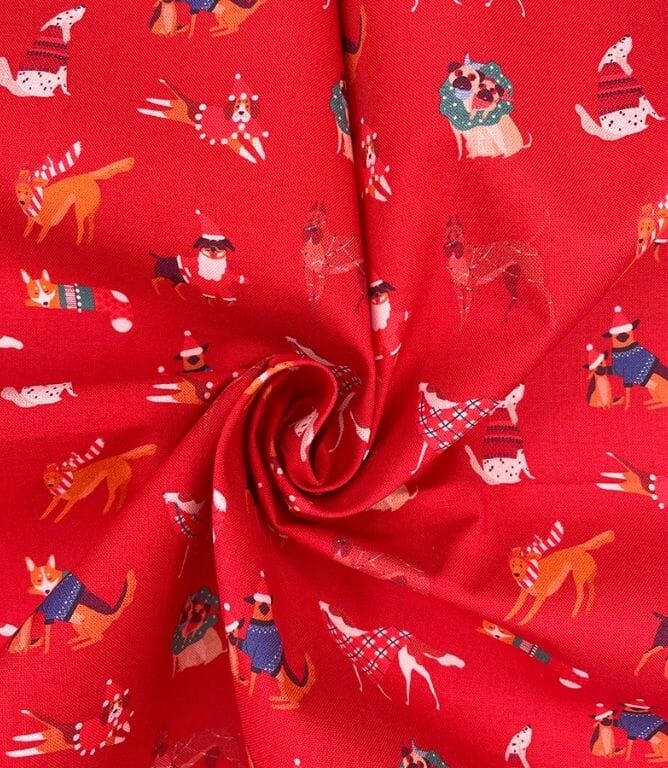 Festive Canines Fabric / Red