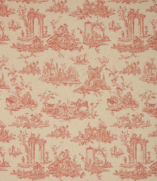 Red French Toile Linen Fabric