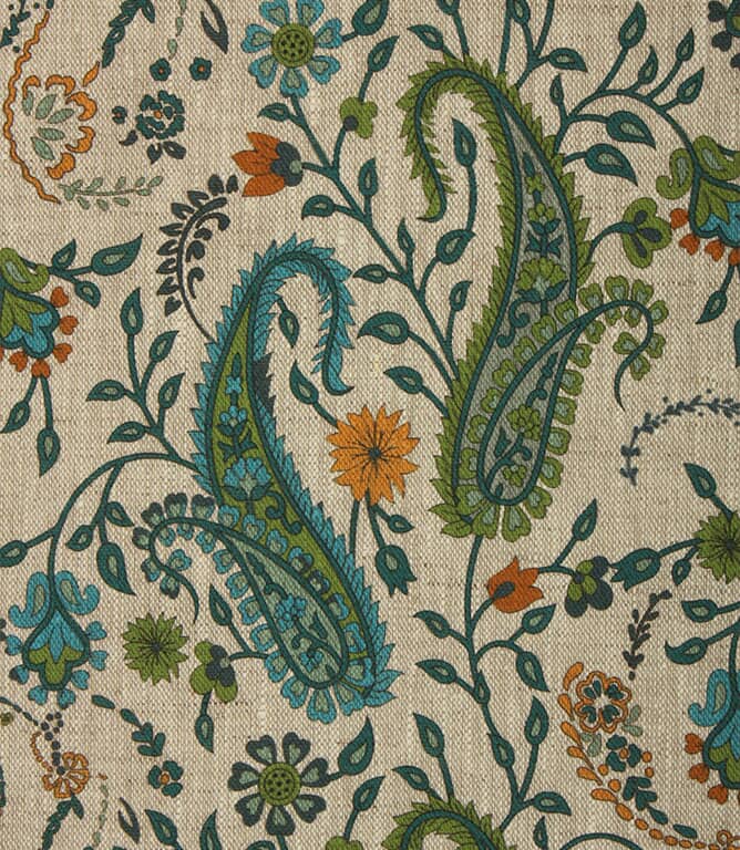 Rebecca Linen Paisley Fabric / Ocean Blue / Lime