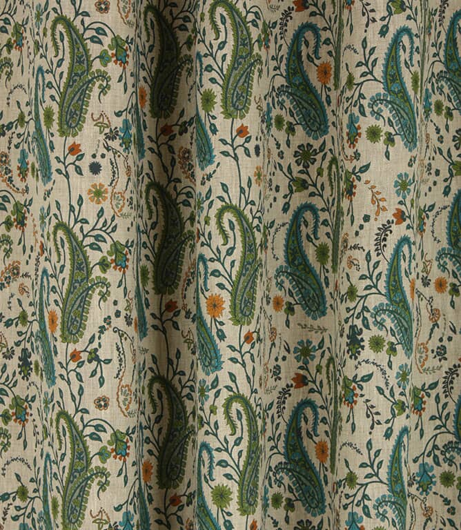 Rebecca Linen Paisley Fabric / Ocean Blue / Lime