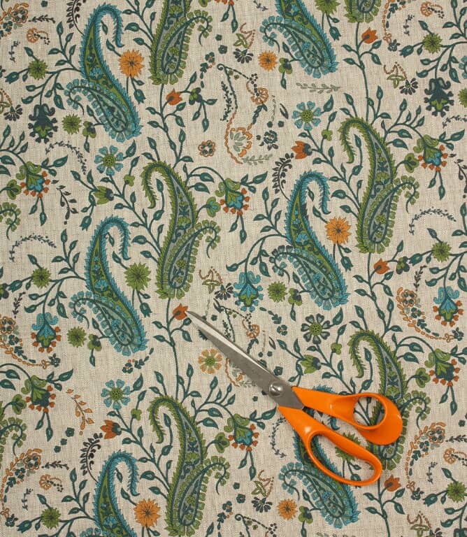 Rebecca Linen Paisley Fabric / Ocean Blue / Lime
