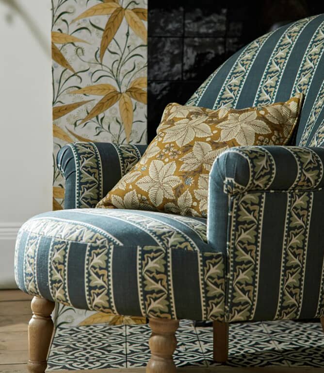 Morris & Co Red Car Stripe Fabric / Indigo / Linen