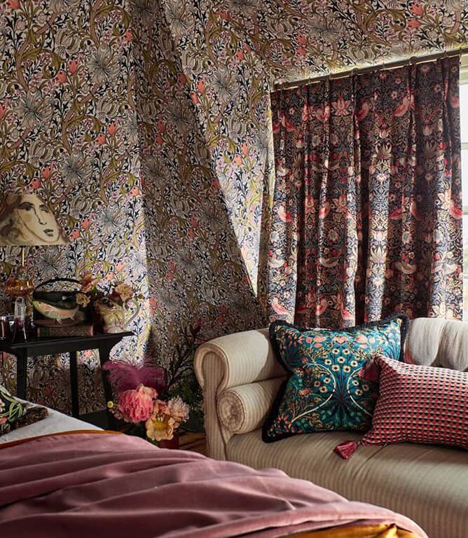 Morris & Co Strawberry Thief Fabric / Miami Strip