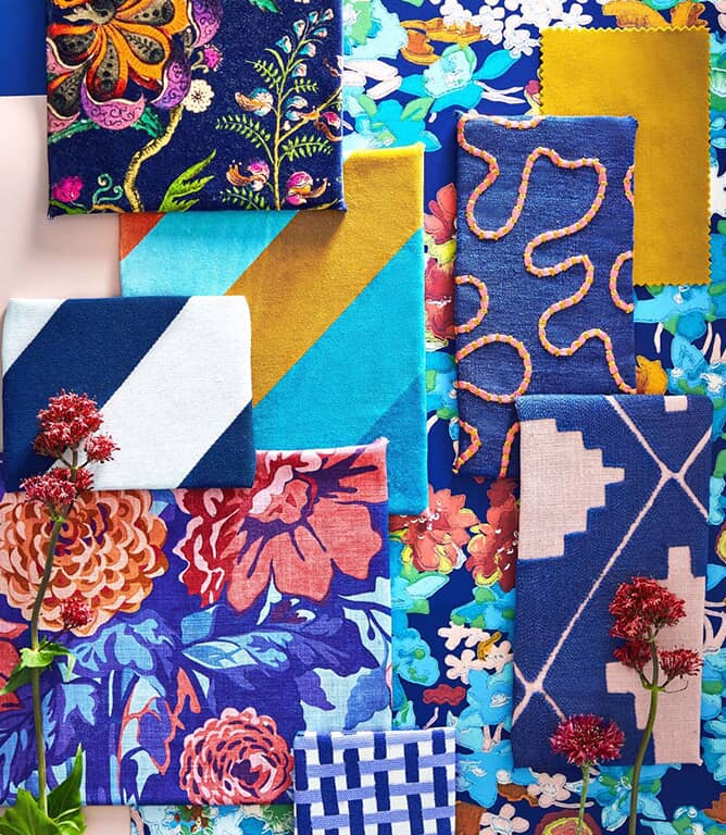 Harlequin Dahlia Bunch Fabric / Lapis / Carnelian / Spinel