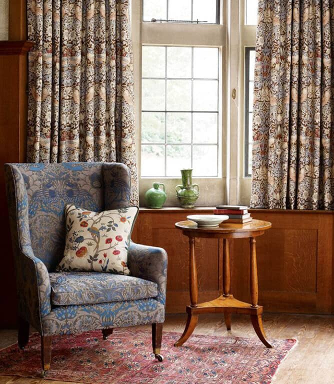 Morris & Co Strawberry Thief Fabric / Chocolate / Slate